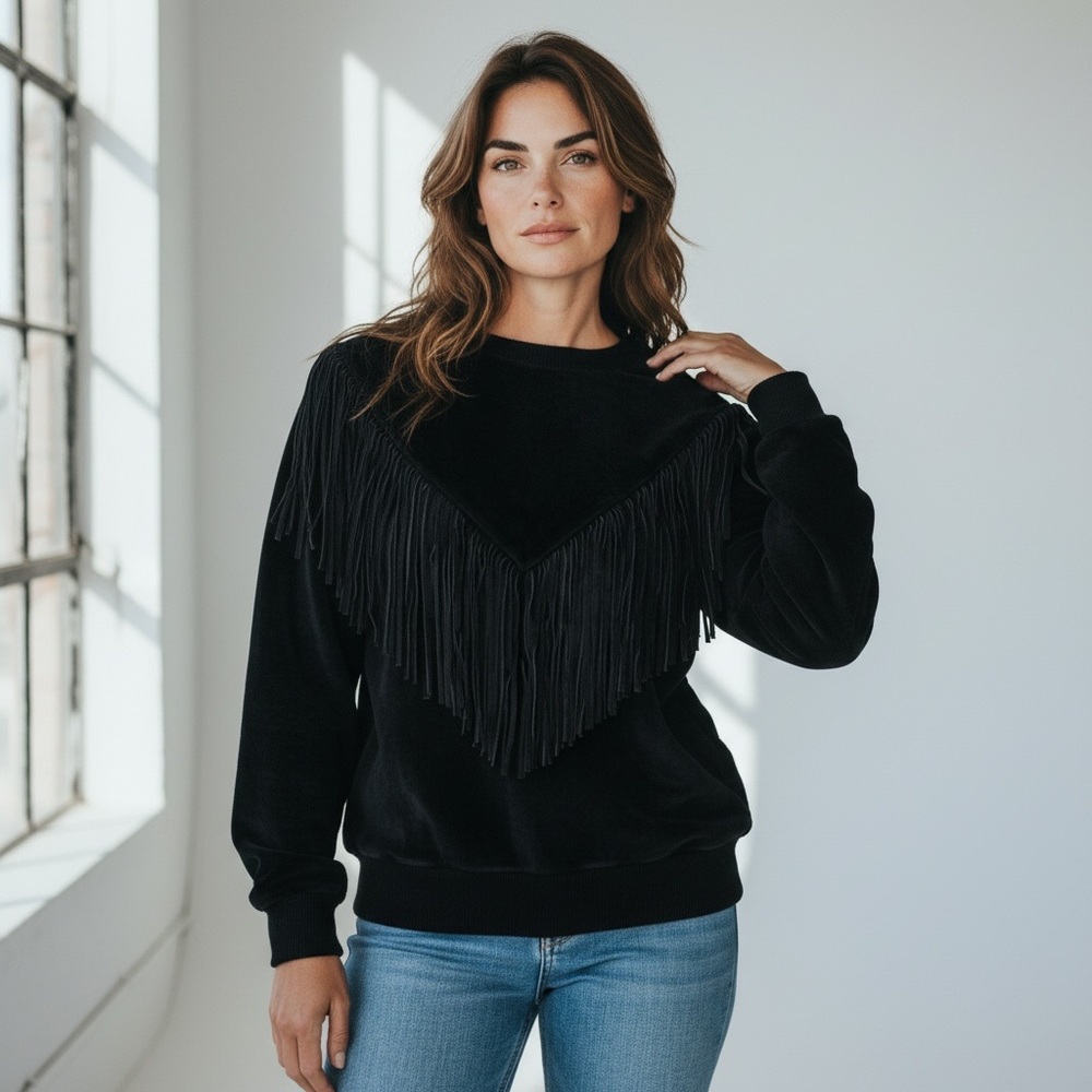 Pioneer Wear vintage black leather suede boho fringe western knit sweater small
